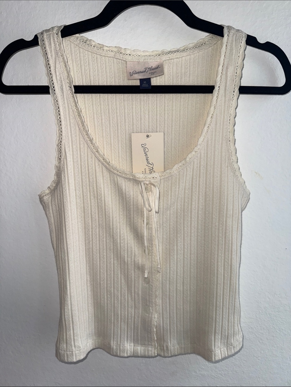 Universal Thread Cream Ribbed Lace-Trim Tank with Front Tie